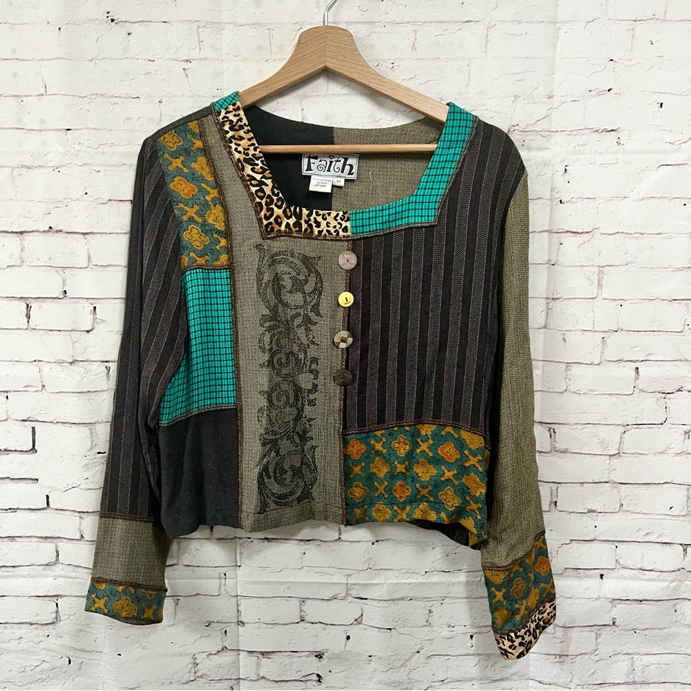Vintage Faith Boho Patchwork Top Shirt XS Crop Oversized Phoebe Blue Brown